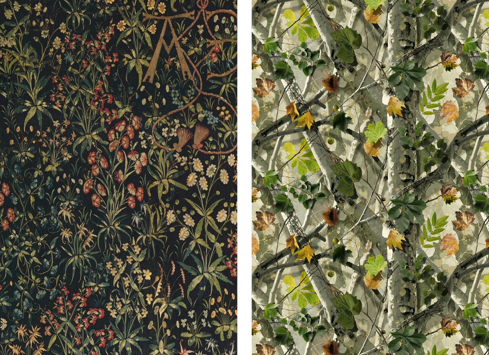 Illustration of Left: Detail from the tapestry <em>The Unicorn in Captivity</em> <br/> Right: <em>Verdures</em>